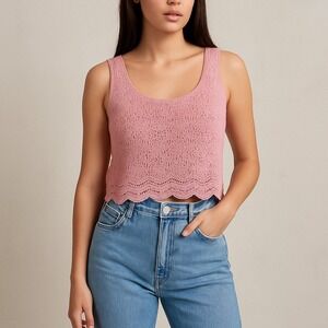 Vintage 80s 90sโ Absolutely Cotton Pink Knit Tank Top M Scallop Hem Cottagecore